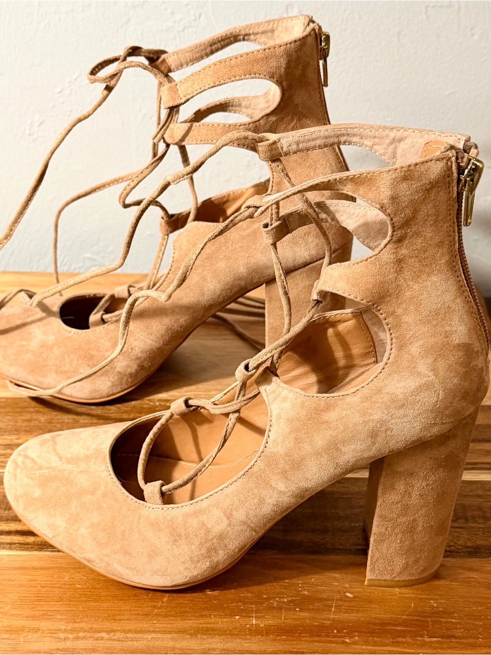 Steve Madden Beige/Tan Suede Lace-Up Block Heel Pumps - Picture 8 of 15